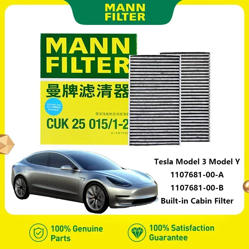 Tesla Model Y / 3 HEPA Aktivkohle-Innenraumfilter-Set für Elektrofahrzeuge – MANNFILTER CUK25015/21-2, CUK46025/1-2, CU47025/3-2 – eingebauter Luftfilter